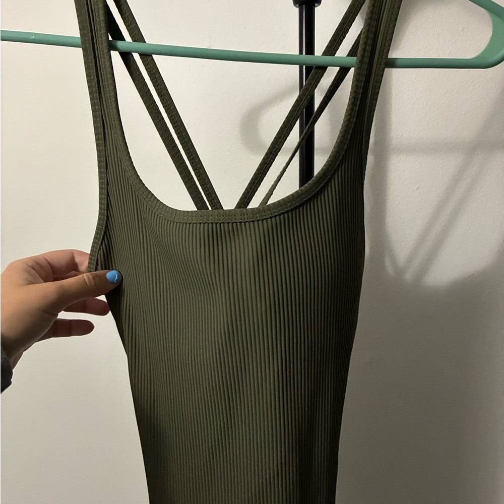 Olive Green Ribbed Strappy Dress